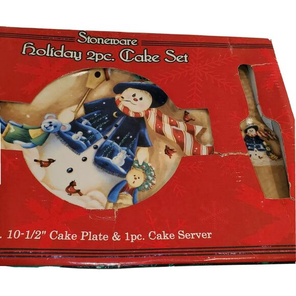 Christmas StoneWear Holiday Snowman Two Piece Cake Plate and Server Set NEW - Picture 1 of 3